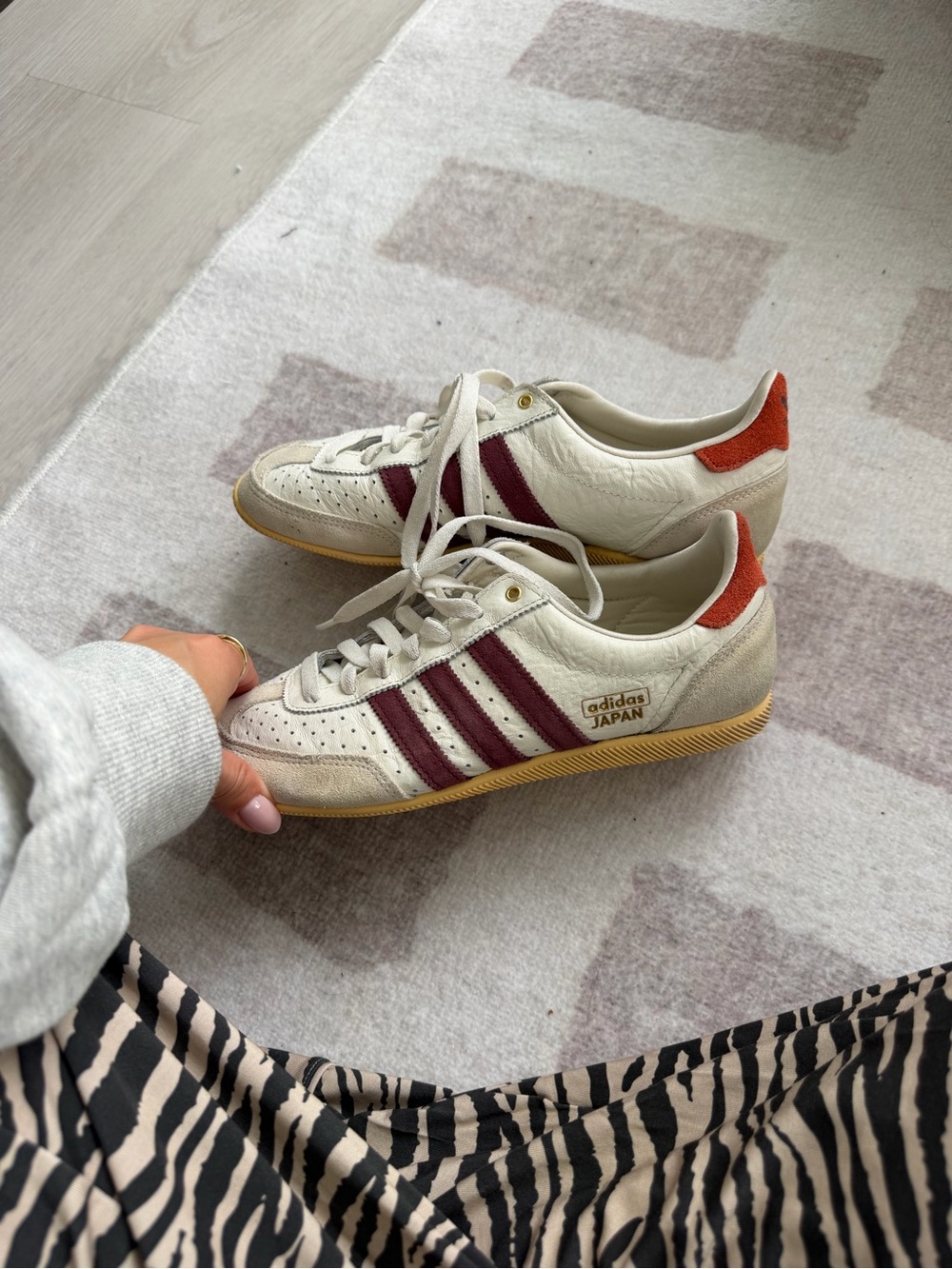 adidas Japan Sneaker — Cream with Burgundy Stripes and Orange Heel
